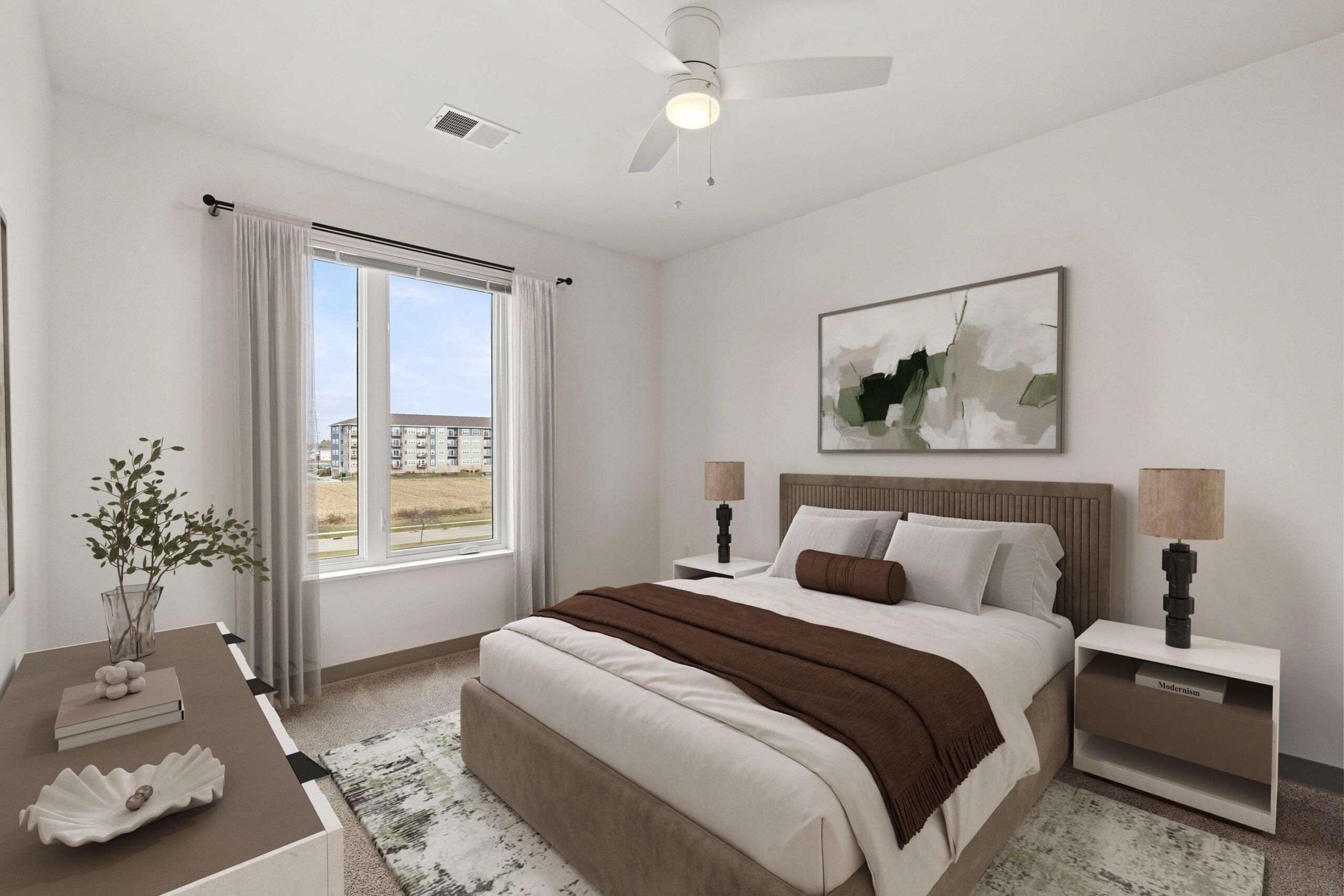 Modern bedroom with a large bed, two nightstands, a dresser, and a window with a view of buildings outside.
